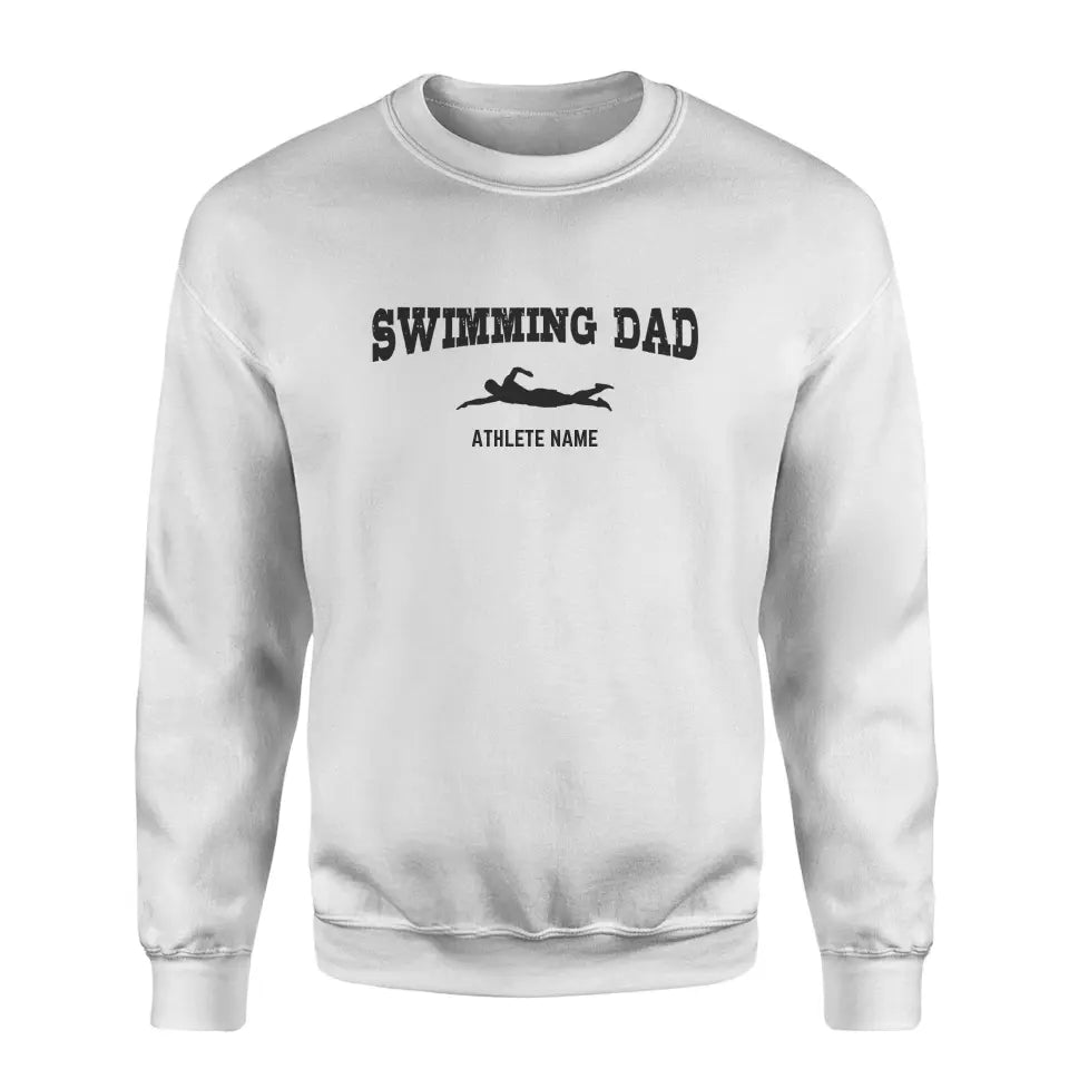 Swimming Dad with Swimmer Icon and Swimmer Name on a Sweatshirt with a Black Graphic