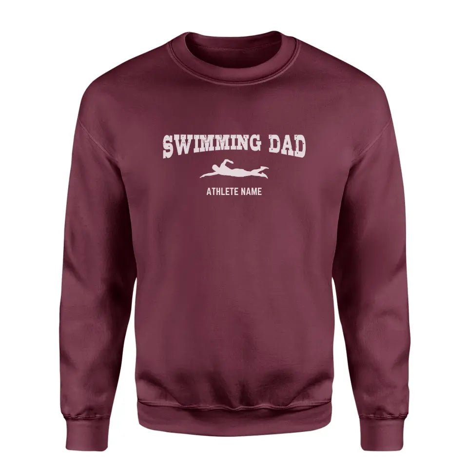 Swimming Dad with Swimmer Icon and Swimmer Name on a Sweatshirt with a White Graphic