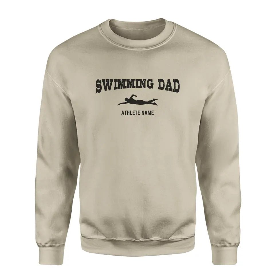 Swimming Dad with Swimmer Icon and Swimmer Name on a Sweatshirt with a Black Graphic