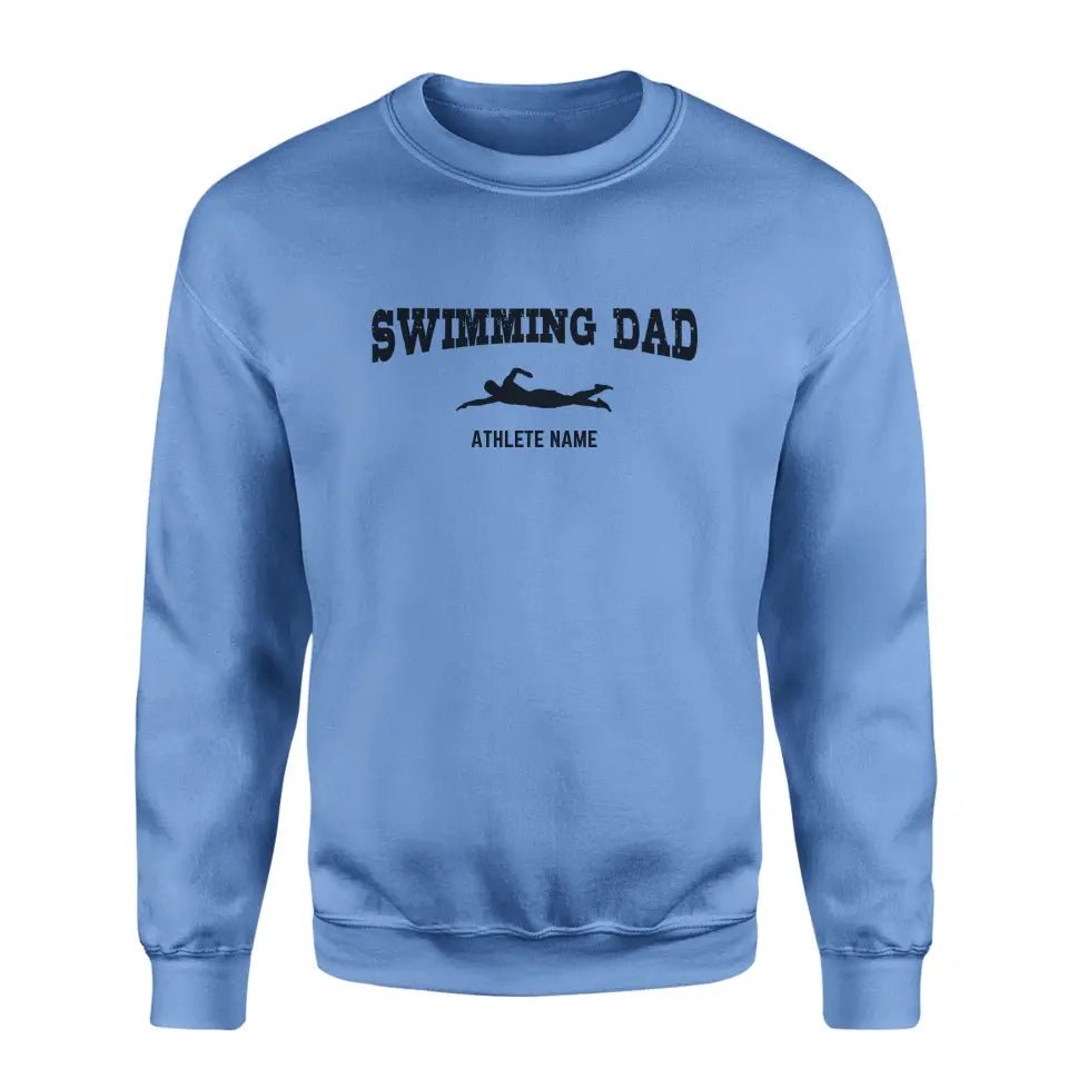 Swimming Dad with Swimmer Icon and Swimmer Name on a Sweatshirt with a Black Graphic