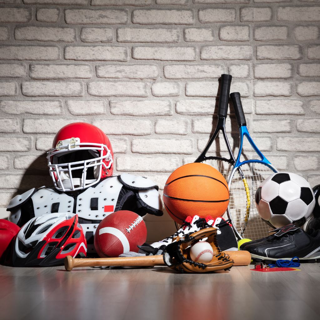 Multiple pieces of youth sports equipment