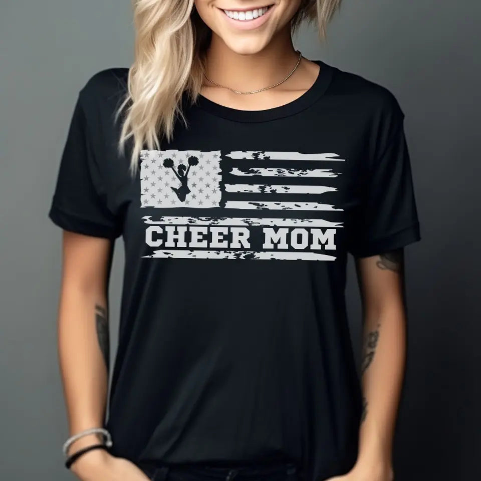 cheer mom horizontal flag design on a unisex t-shirt with a white graphic