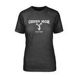 cheer mom with cheerleader icdesign on and cheerleader name design on a unisex t-shirt with a white graphic