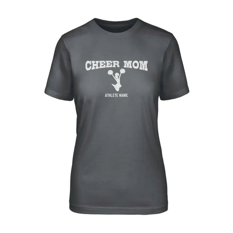 cheer mom with cheerleader icdesign on and cheerleader name design on a unisex t-shirt with a white graphic