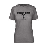 cheer mom with cheerleader icdesign on and cheerleader name design on a unisex t-shirt with a black graphic