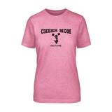 cheer mom with cheerleader icdesign on and cheerleader name design on a unisex t-shirt with a black graphic