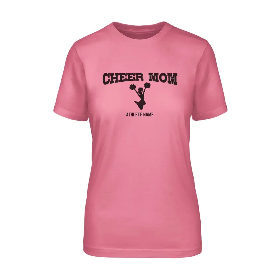 cheer mom with cheerleader icdesign on and cheerleader name design on a unisex t-shirt with a black graphic
