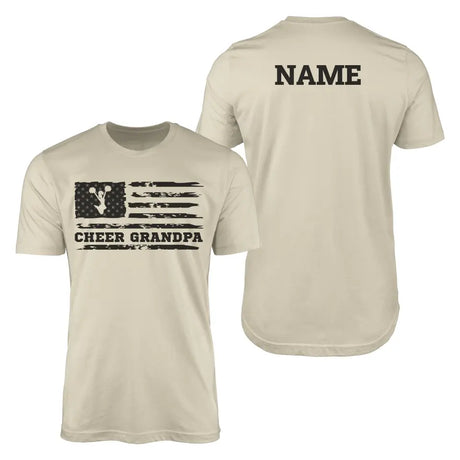 cheer grandpa horizontal flag with cheerleader name design on a mens t-shirt with a black graphic