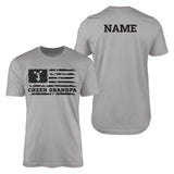 cheer grandpa horizontal flag with cheerleader name design on a mens t-shirt with a black graphic