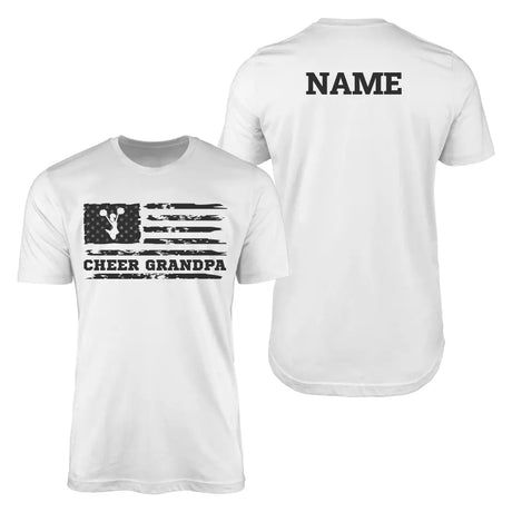 cheer grandpa horizontal flag with cheerleader name design on a mens t-shirt with a black graphic
