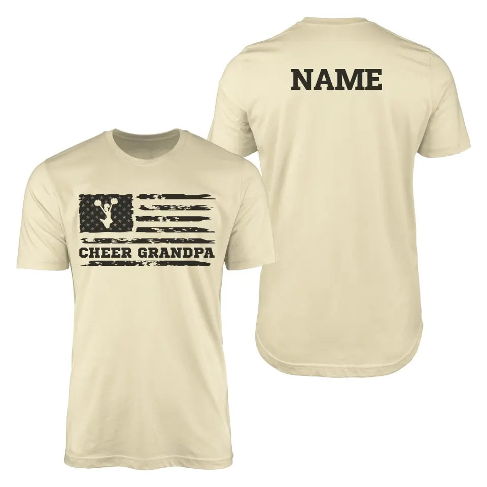 cheer grandpa horizontal flag with cheerleader name design on a mens t-shirt with a black graphic