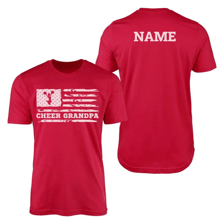 cheer grandpa horizontal flag with cheerleader name design on a mens t-shirt with a white graphic