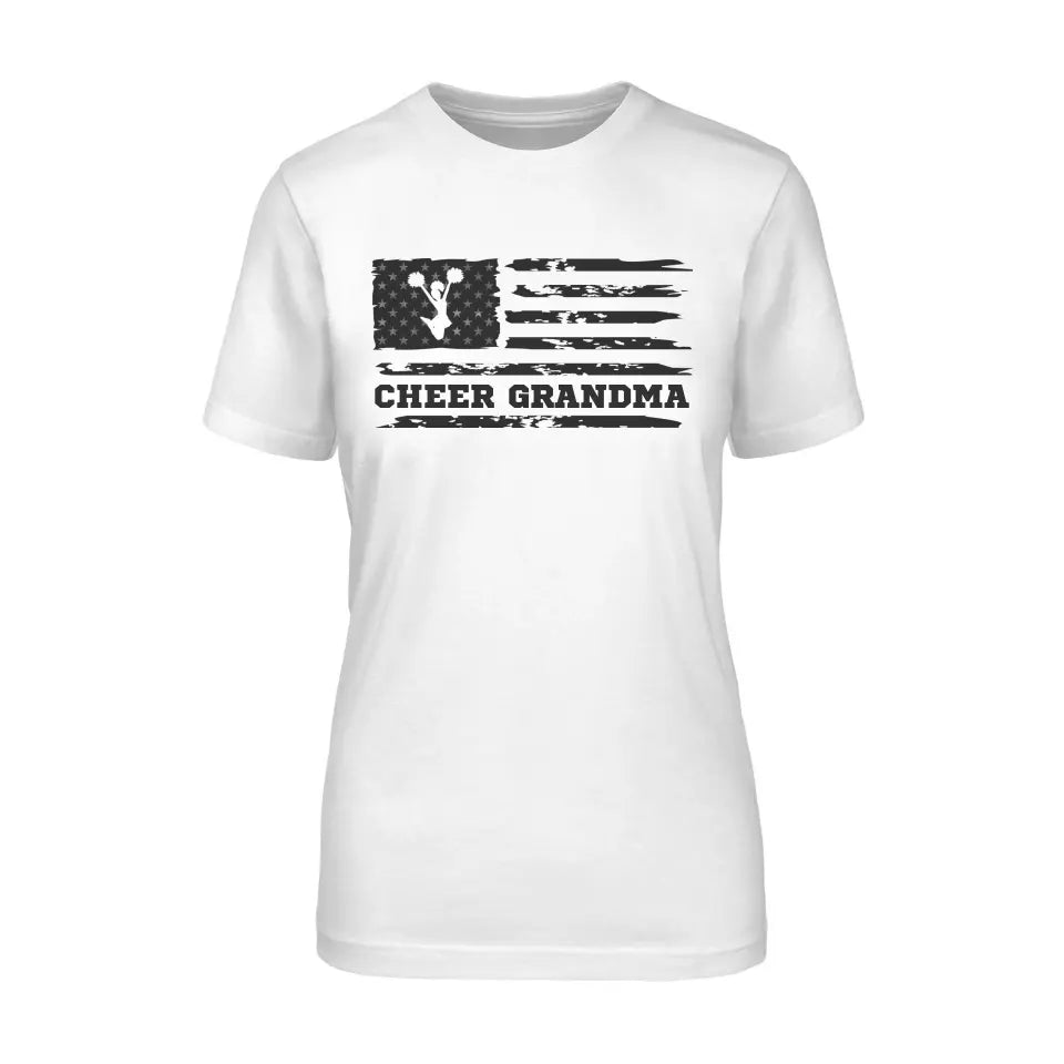cheer grandma horizontal flag design on a unisex t-shirt with a black graphic