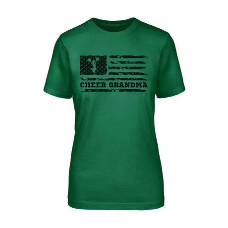 cheer grandma horizontal flag design on a unisex t-shirt with a black graphic