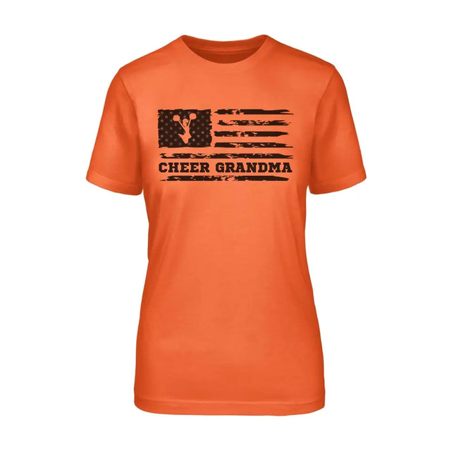 cheer grandma horizontal flag design on a unisex t-shirt with a black graphic