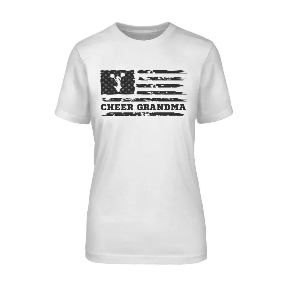 cheer grandma horizontal flag design on a unisex t-shirt with a black graphic