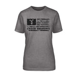 cheer grandma horizontal flag design on a unisex t-shirt with a black graphic