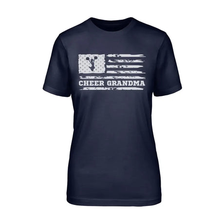 cheer grandma horizontal flag design on a unisex t-shirt with a white graphic