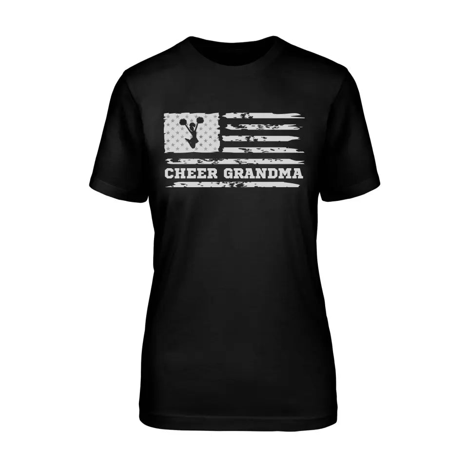 cheer grandma horizontal flag design on a unisex t-shirt with a white graphic