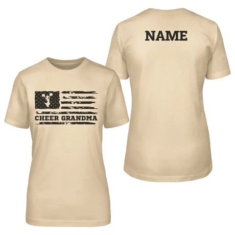 cheer grandma horizontal flag with cheerleader name design on a unisex t-shirt with a black graphic