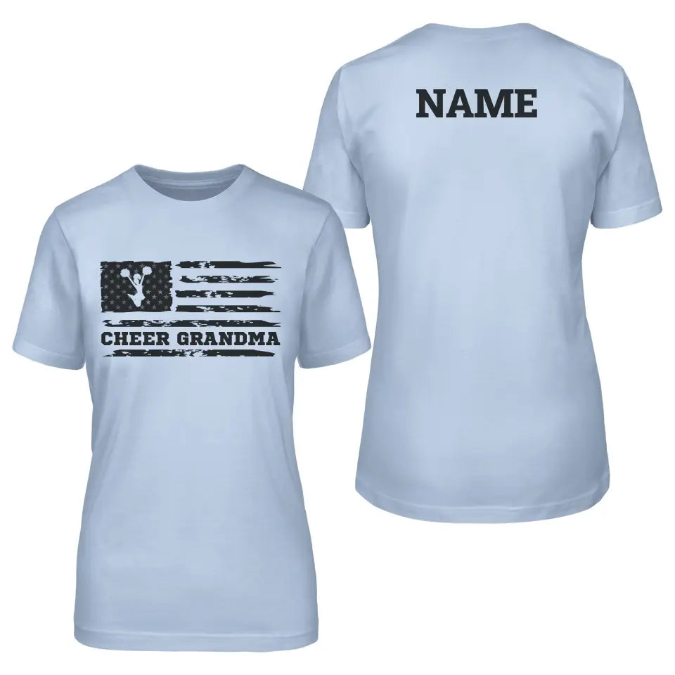 cheer grandma horizontal flag with cheerleader name design on a unisex t-shirt with a black graphic