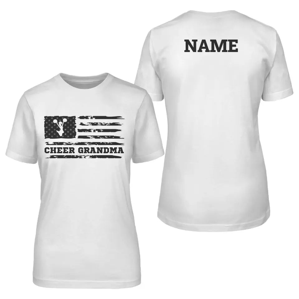 cheer grandma horizontal flag with cheerleader name design on a unisex t-shirt with a black graphic