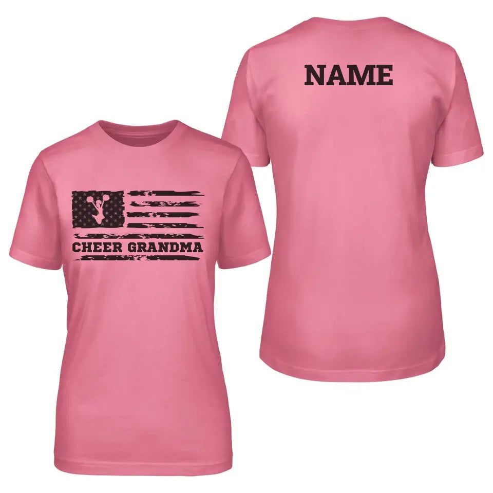 cheer grandma horizontal flag with cheerleader name design on a unisex t-shirt with a black graphic