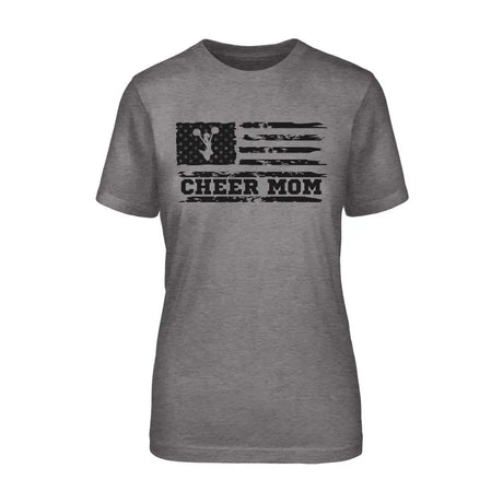 cheer mom horizontal flag design on a unisex t-shirt with a black graphic