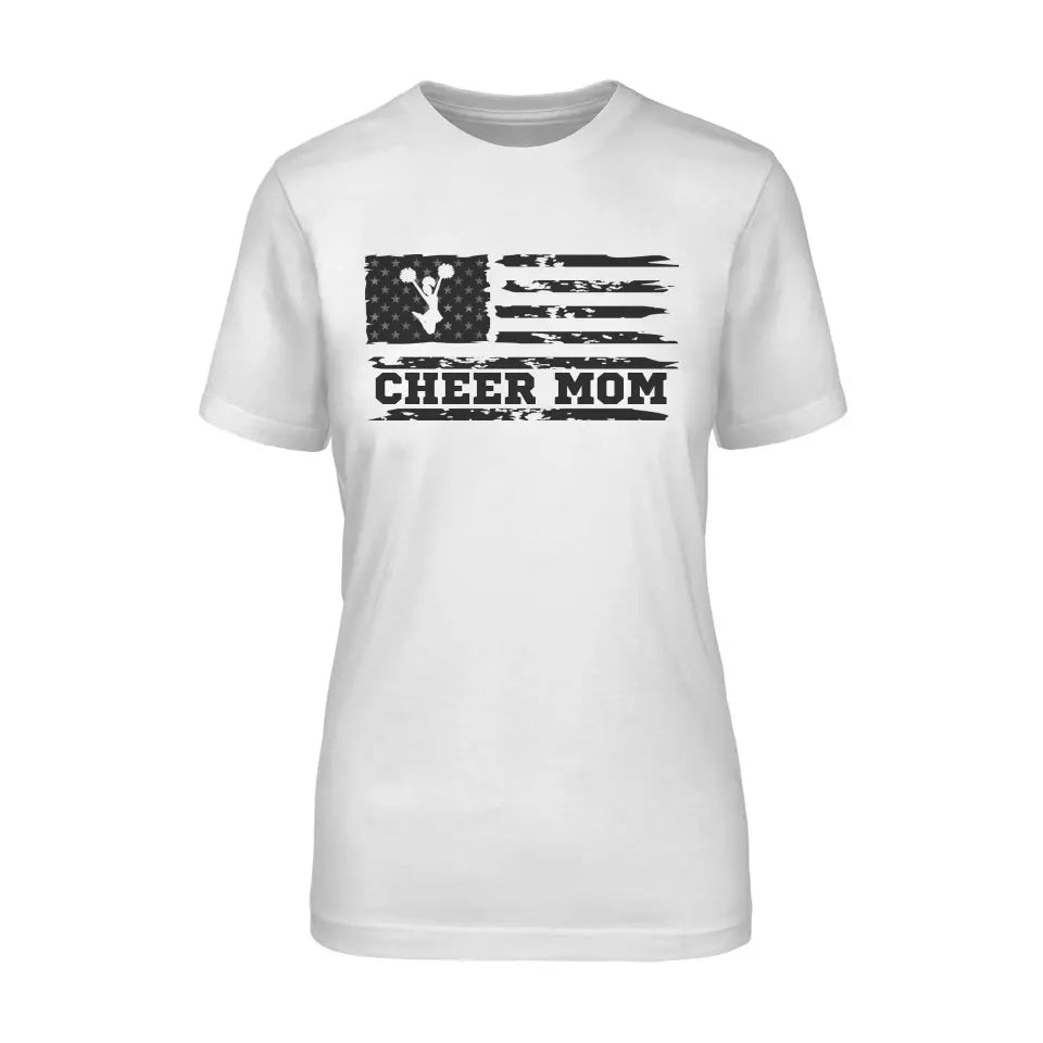 cheer mom horizontal flag design on a unisex t-shirt with a black graphic