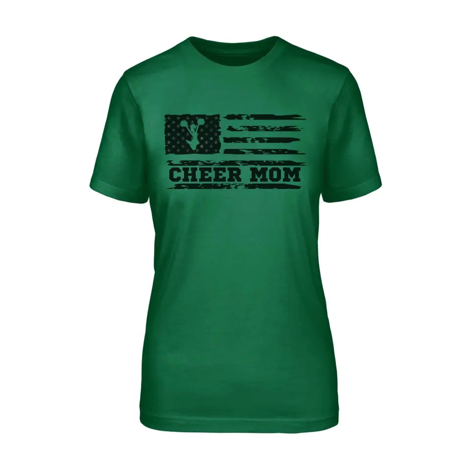 cheer mom horizontal flag design on a unisex t-shirt with a black graphic