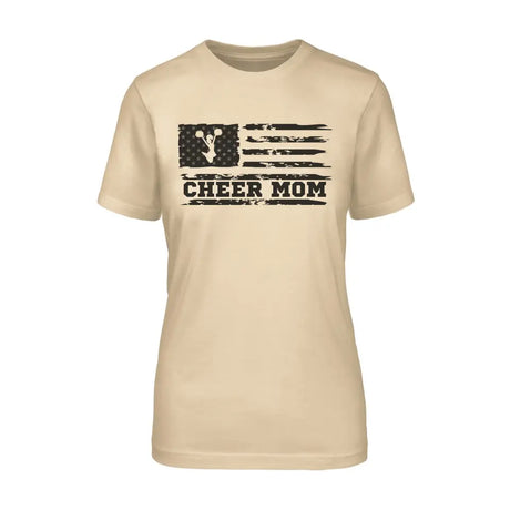 cheer mom horizontal flag design on a unisex t-shirt with a black graphic