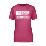 cheer mom horizontal flag design on a unisex t-shirt with a white graphic