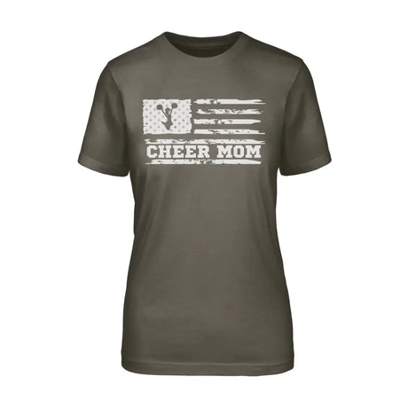 cheer mom horizontal flag design on a unisex t-shirt with a white graphic