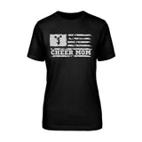 cheer mom horizontal flag design on a unisex t-shirt with a white graphic