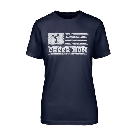 cheer mom horizontal flag design on a unisex t-shirt with a white graphic