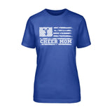 cheer mom horizontal flag design on a unisex t-shirt with a white graphic