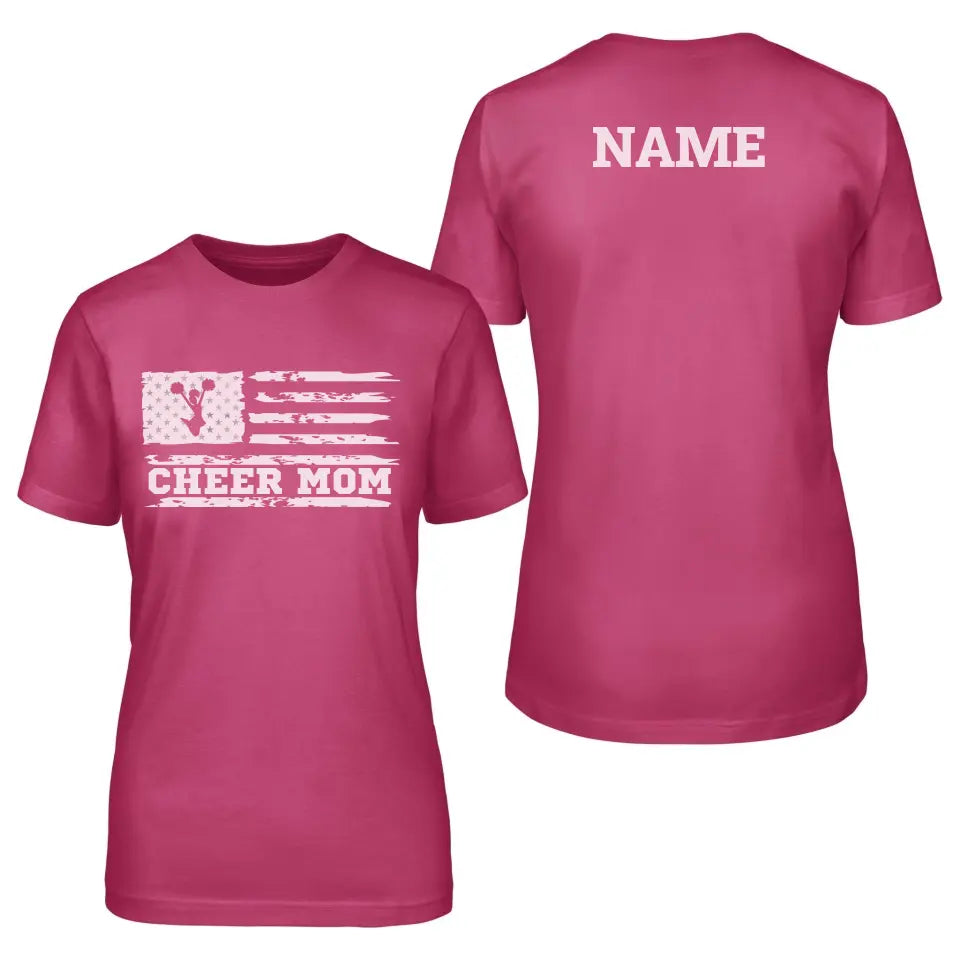 cheer mom horizontal flag with cheerleader name design on a unisex t-shirt with a white graphic