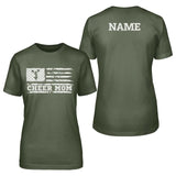 cheer mom horizontal flag with cheerleader name design on a unisex t-shirt with a white graphic