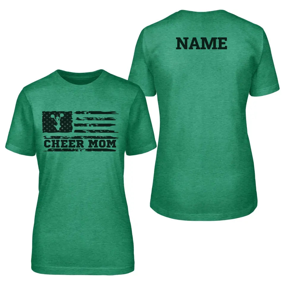 cheer mom horizontal flag with cheerleader name design on a unisex t-shirt with a black graphic