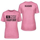 cheer mom horizontal flag with cheerleader name design on a unisex t-shirt with a black graphic