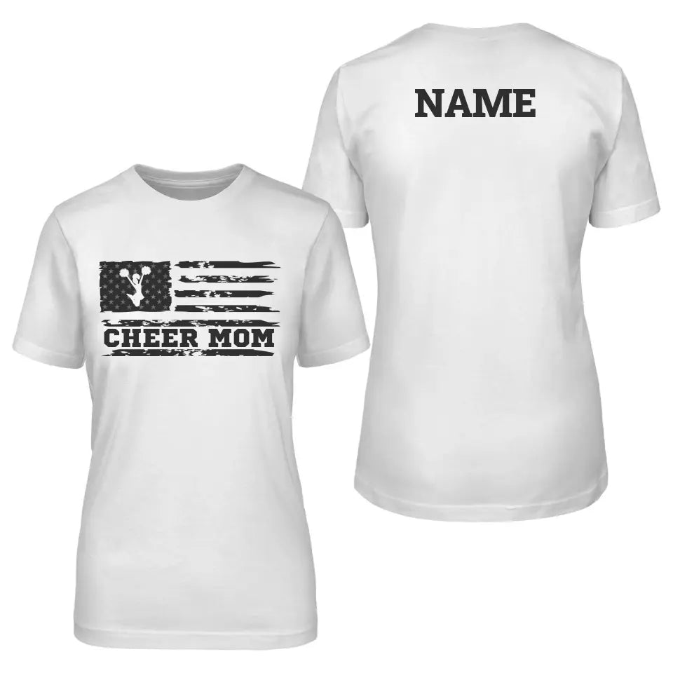 cheer mom horizontal flag with cheerleader name design on a unisex t-shirt with a black graphic