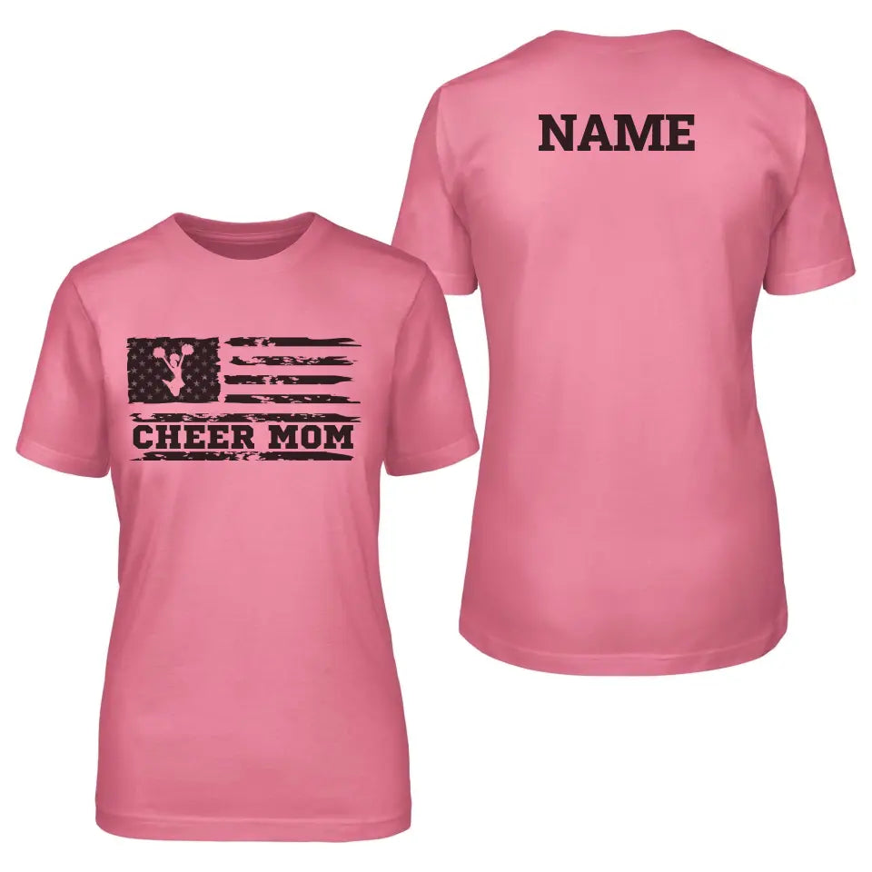 cheer mom horizontal flag with cheerleader name design on a unisex t-shirt with a black graphic