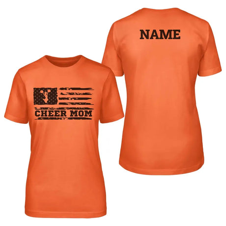 cheer mom horizontal flag with cheerleader name design on a unisex t-shirt with a black graphic