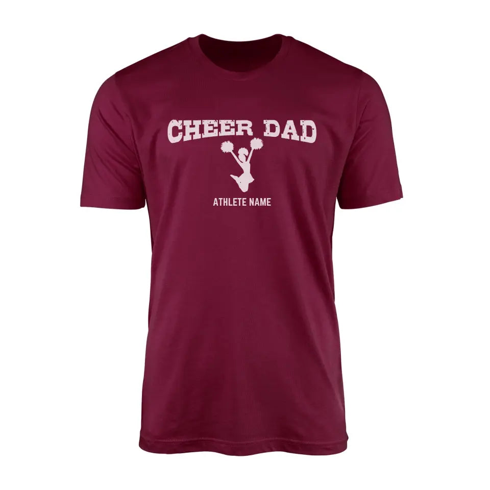 cheer dad with cheerleader icdesign on and cheerleader name design on a mens t-shirt with a white graphic