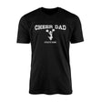 cheer dad with cheerleader icdesign on and cheerleader name design on a mens t-shirt with a white graphic