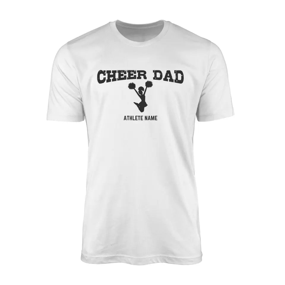 cheer dad with cheerleader icdesign on and cheerleader name design on a mens t-shirt with a black graphic