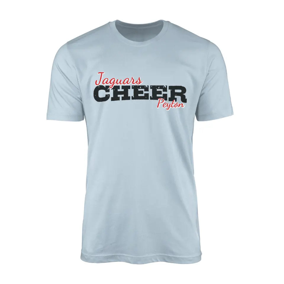 custom cheer mascot and cheerleader name design on a mens t-shirt with a black graphic