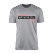 custom cheer mascot and cheerleader name design on a mens t-shirt with a black graphic