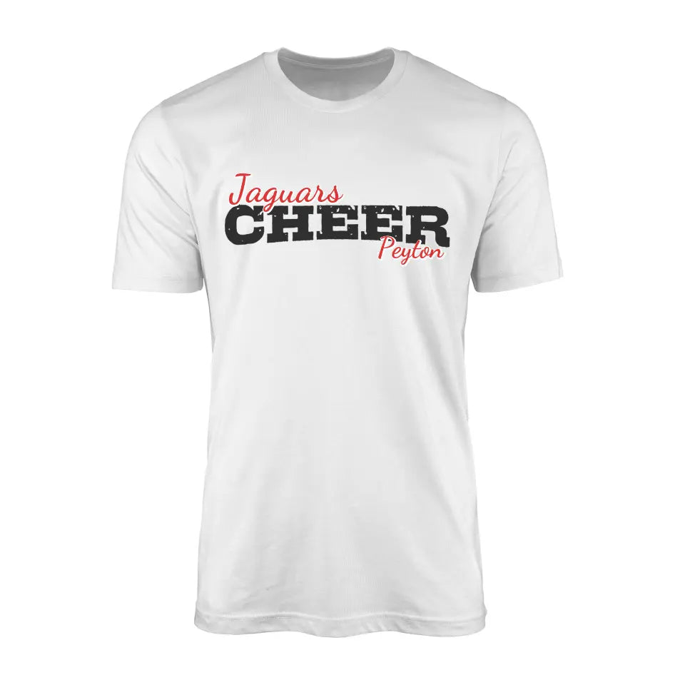 custom cheer mascot and cheerleader name design on a mens t-shirt with a black graphic