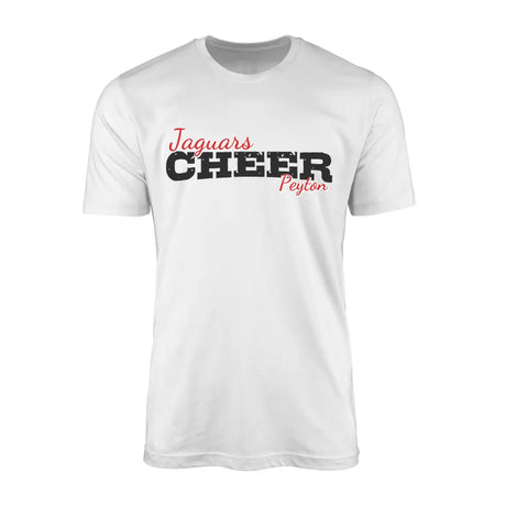 custom cheer mascot and cheerleader name design on a mens t-shirt with a black graphic